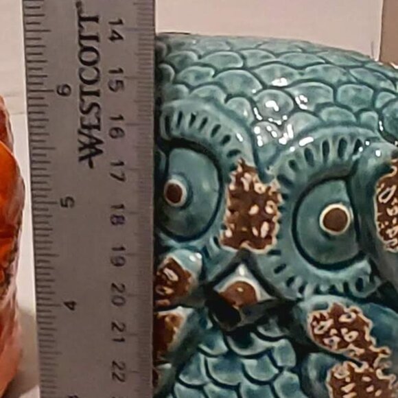 Group of Three Destressed Little Owl's Orange Blue & Green 61/2" Tall - Picture 11 of 12